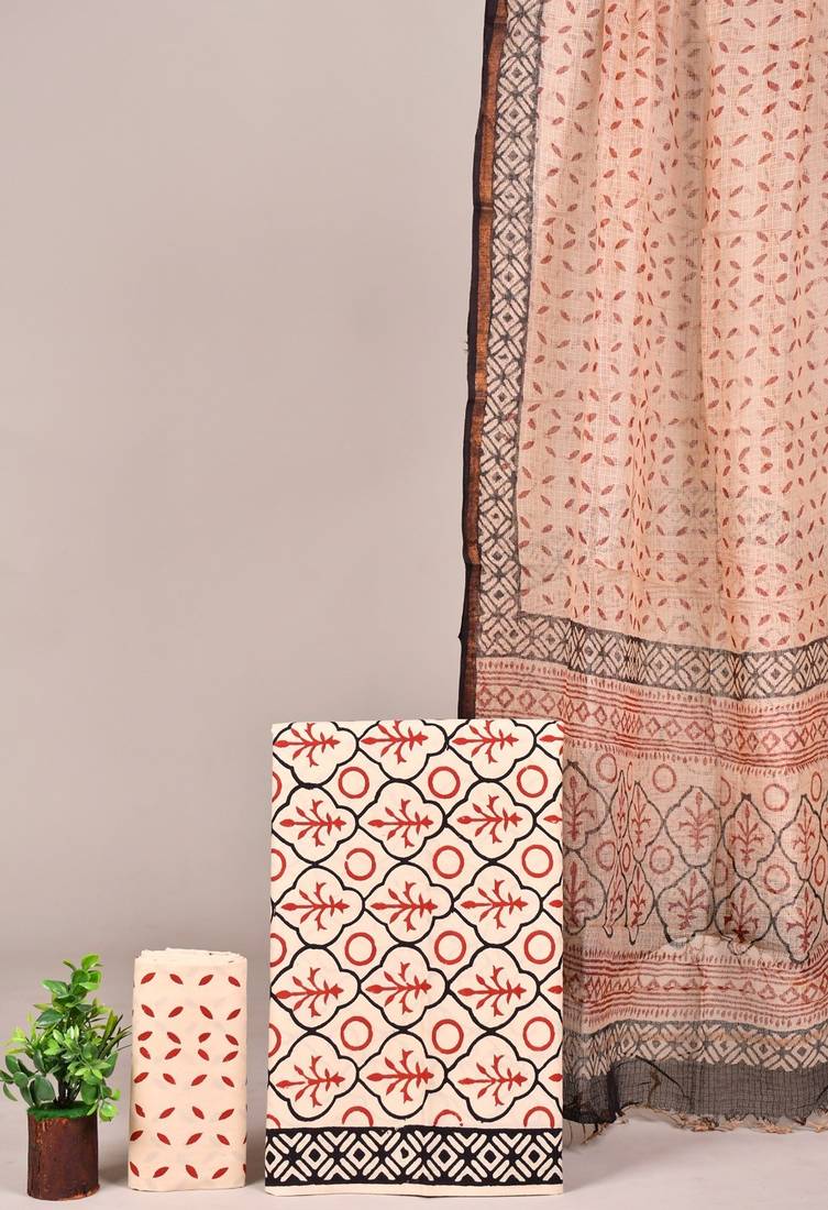 Light yellow hand block printed cotton suit with kota doriya dupatta