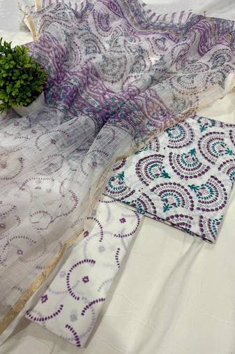 Peach hand block printed cotton suit with kota doriya dupatta