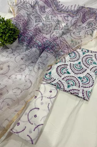 Peach hand block printed cotton suit with kota doriya dupatta