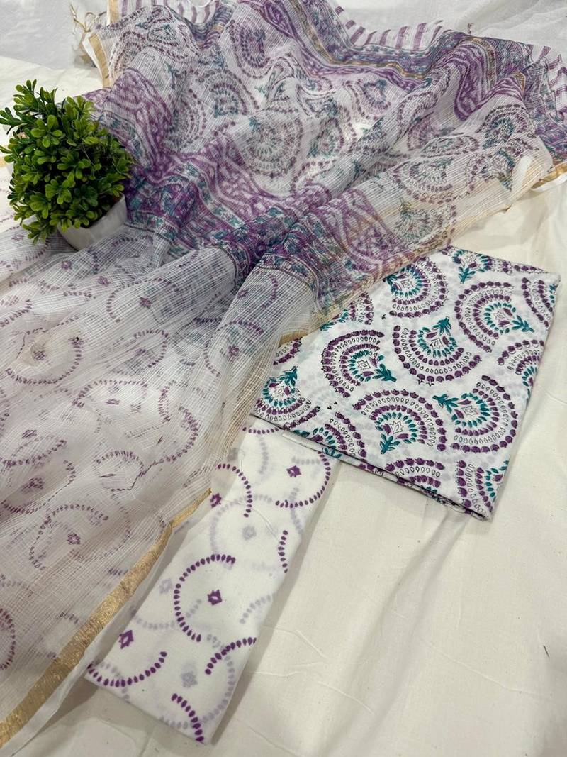 Peach hand block printed cotton suit with kota doriya dupatta