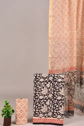 Blue hand block printed cotton suit with kota doriya dupatta