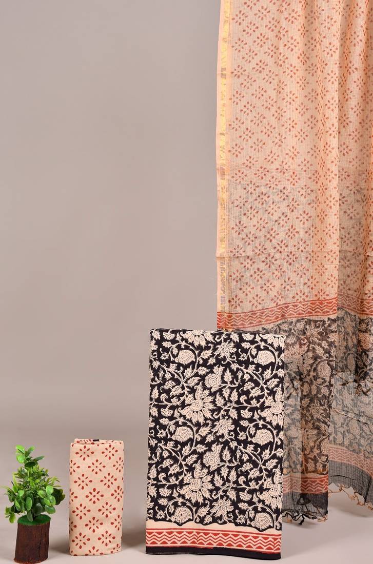 Blue hand block printed cotton suit with kota doriya dupatta