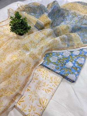Blue hand block printed cotton suit with kota doriya dupatta 1