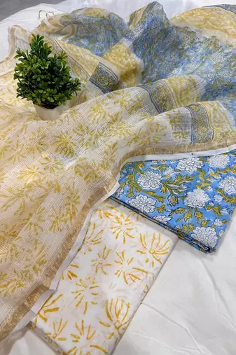 Blue hand block printed cotton suit with kota doriya dupatta
