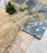 Blue hand block printed cotton suit with kota doriya dupatta