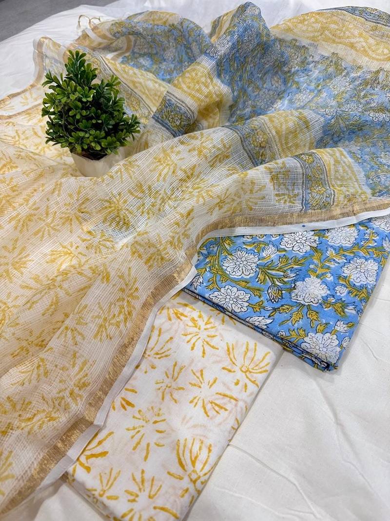 Blue hand block printed cotton suit with kota doriya dupatta