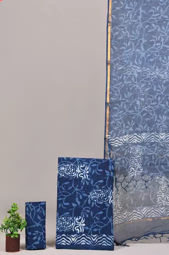 Pink hand block printed cotton suit with kota doriya dupatta