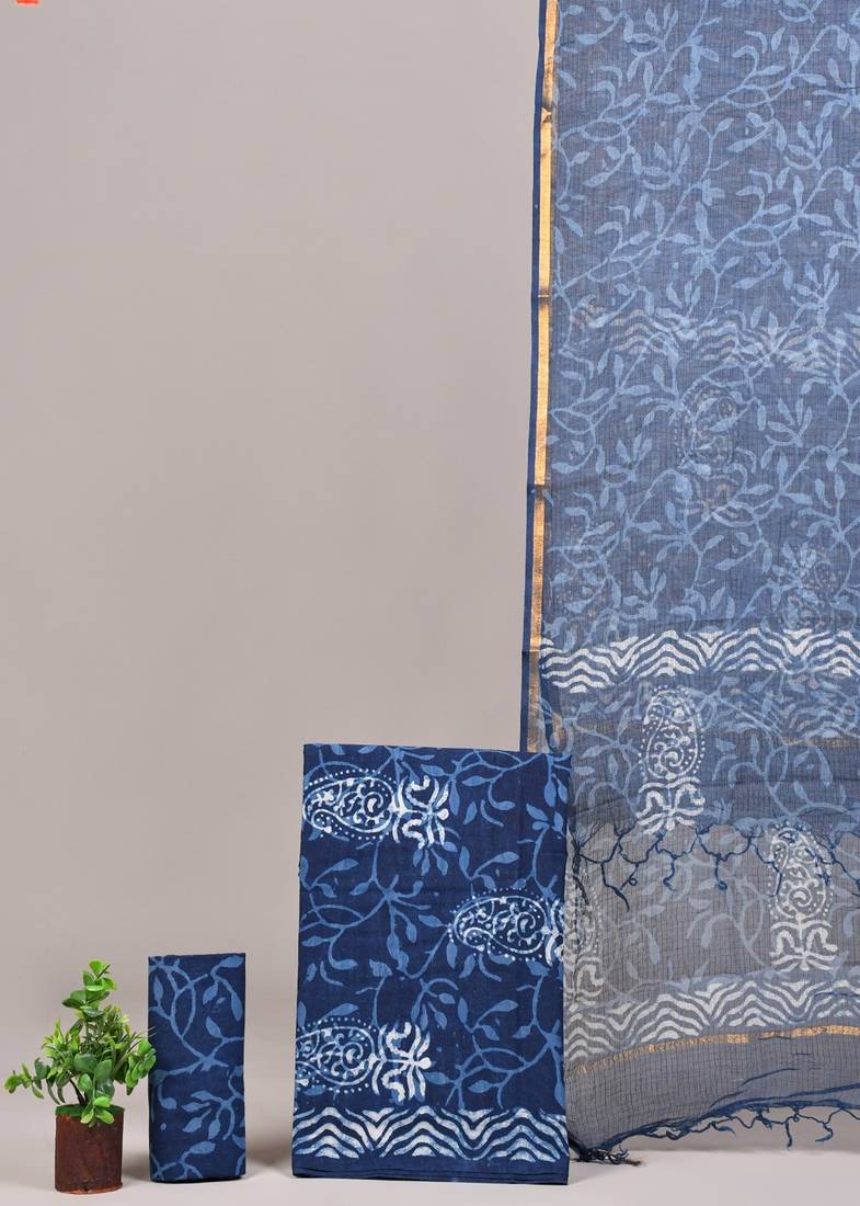 Pink hand block printed cotton suit with kota doriya dupatta