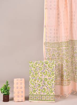 Multicolor hand block printed cotton suit with kota doriya dupatta 1
