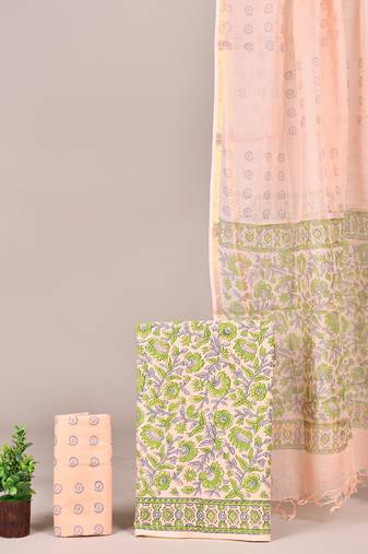 Multicolor hand block printed cotton suit with kota doriya dupatta