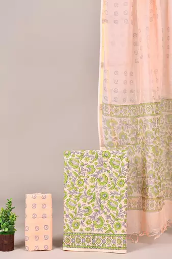 Multicolor hand block printed cotton suit with kota doriya dupatta
