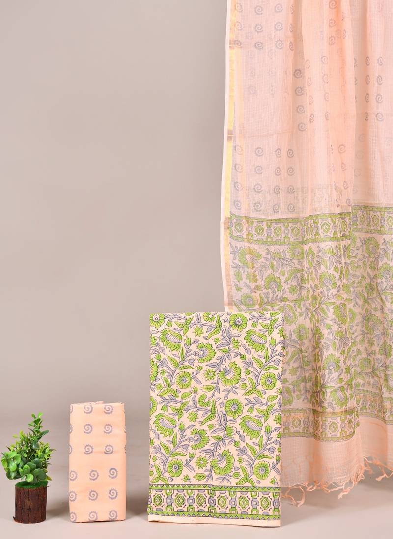 Multicolor hand block printed cotton suit with kota doriya dupatta