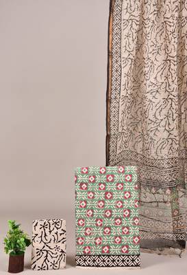 Peach hand block printed cotton suit with kota doriya dupatta 1