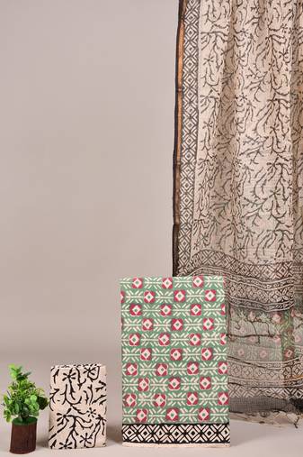 Peach hand block printed cotton suit with kota doriya dupatta
