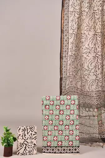 Peach hand block printed cotton suit with kota doriya dupatta