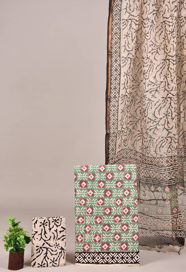 Peach hand block printed cotton suit with kota doriya dupatta