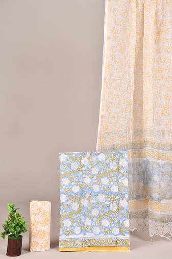 Multicolor hand block printed cotton suit with kota doriya dupatta