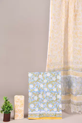 Multicolor hand block printed cotton suit with kota doriya dupatta