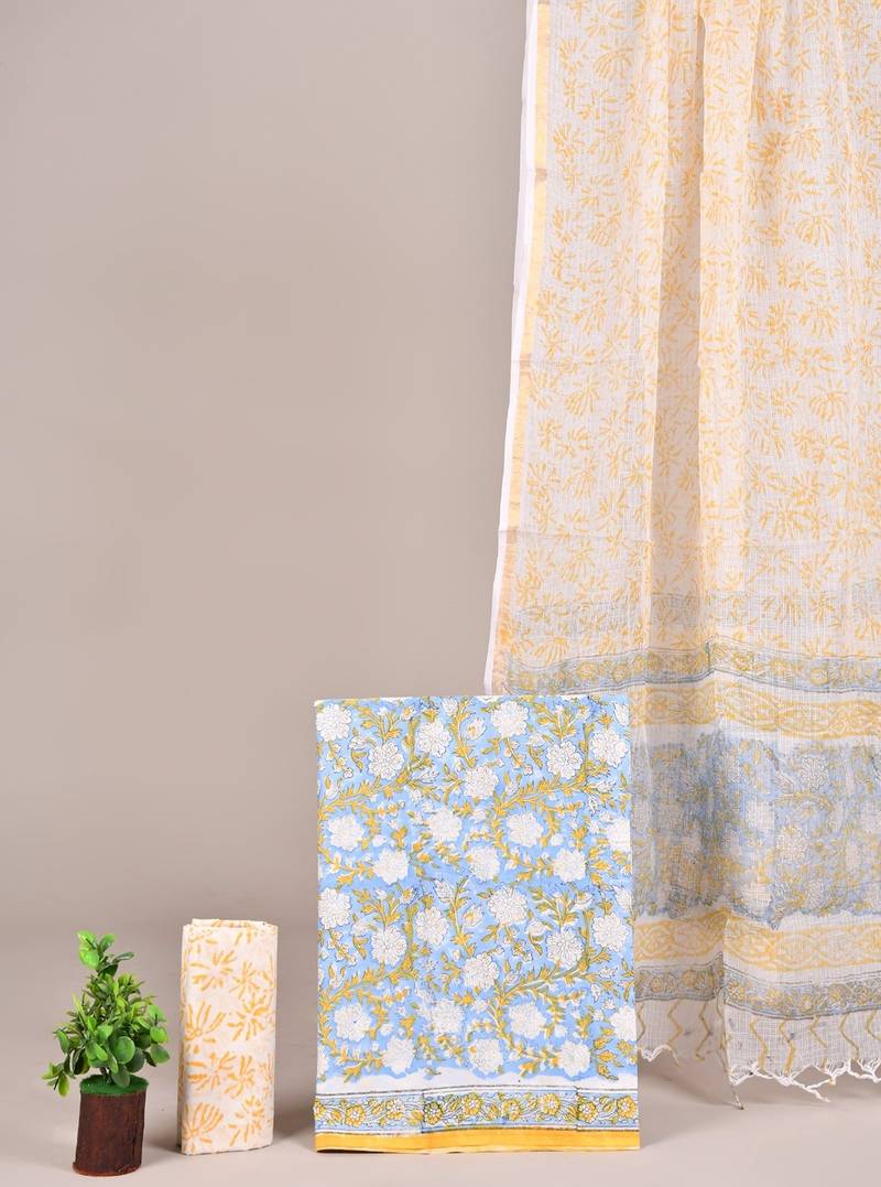Multicolor hand block printed cotton suit with kota doriya dupatta