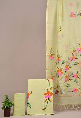 Light yellow hand block printed cotton suit with kota doriya dupatta 1