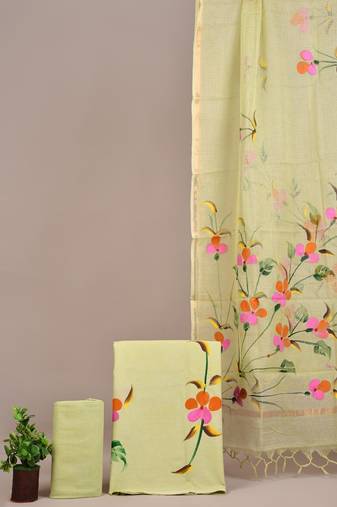 Light yellow hand block printed cotton suit with kota doriya dupatta