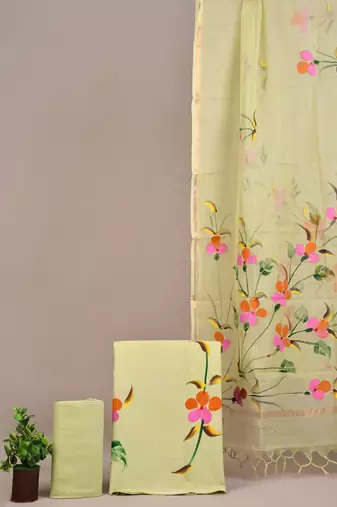 Light yellow hand block printed cotton suit with kota doriya dupatta