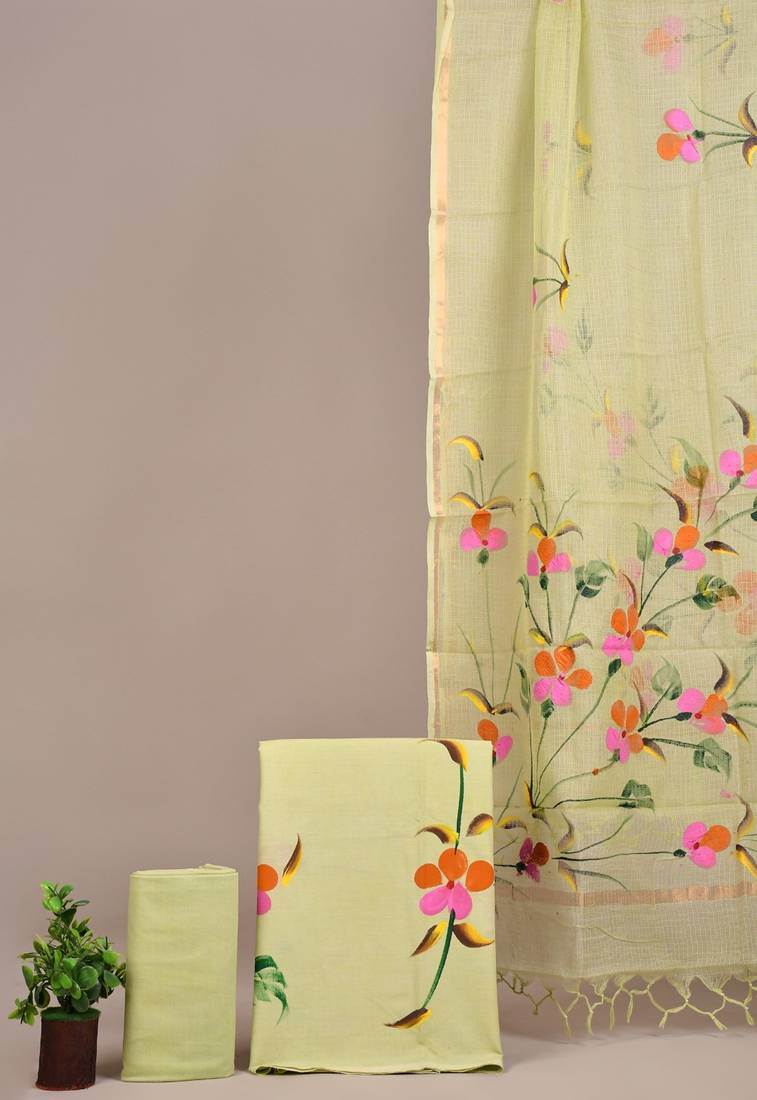 Light yellow hand block printed cotton suit with kota doriya dupatta