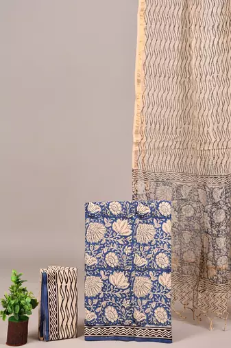 Blue hand block printed cotton suit with kota doriya dupatta