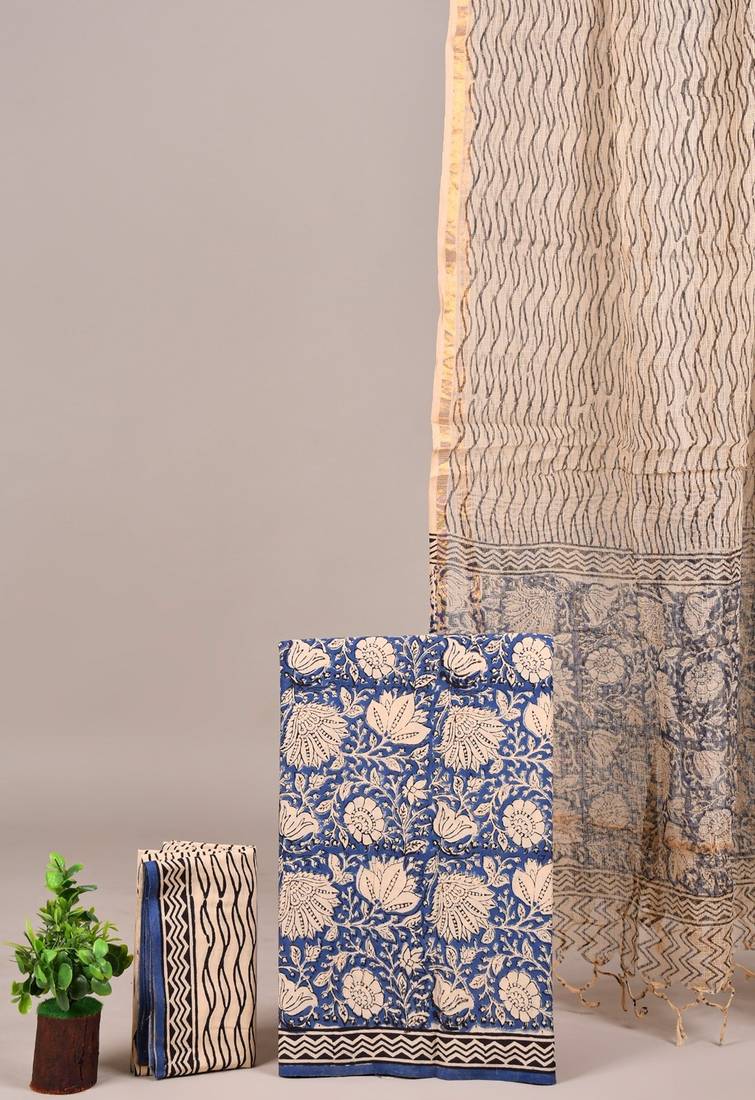 Blue hand block printed cotton suit with kota doriya dupatta