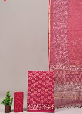 Pink hand block printed cotton suit with kota doriya dupatta 1