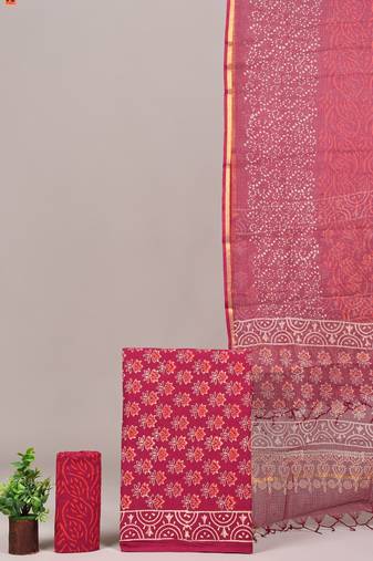 Pink hand block printed cotton suit with kota doriya dupatta
