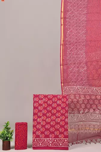Pink hand block printed cotton suit with kota doriya dupatta