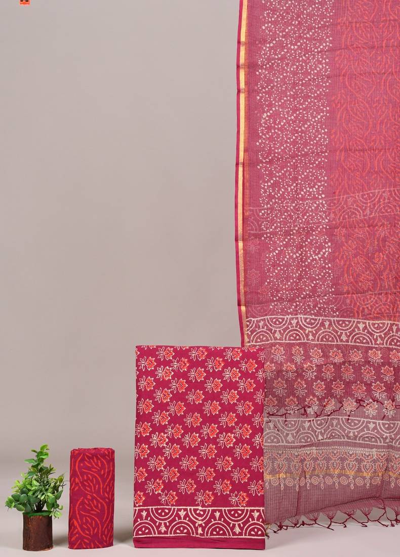 Pink hand block printed cotton suit with kota doriya dupatta