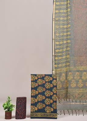 Green hand block printed cotton suit with kota doriya dupatta 1
