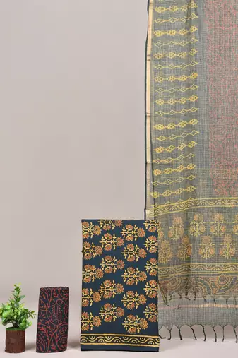 Green hand block printed cotton suit with kota doriya dupatta