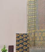Green hand block printed cotton suit with kota doriya dupatta
