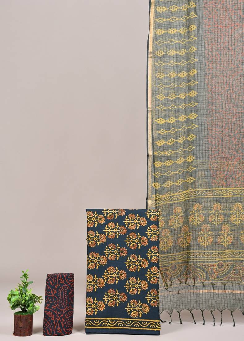 Green hand block printed cotton suit with kota doriya dupatta