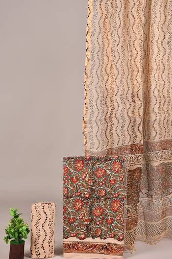 Peach hand block printed cotton suit with kota doriya dupatta