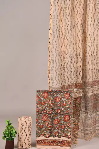 Peach hand block printed cotton suit with kota doriya dupatta