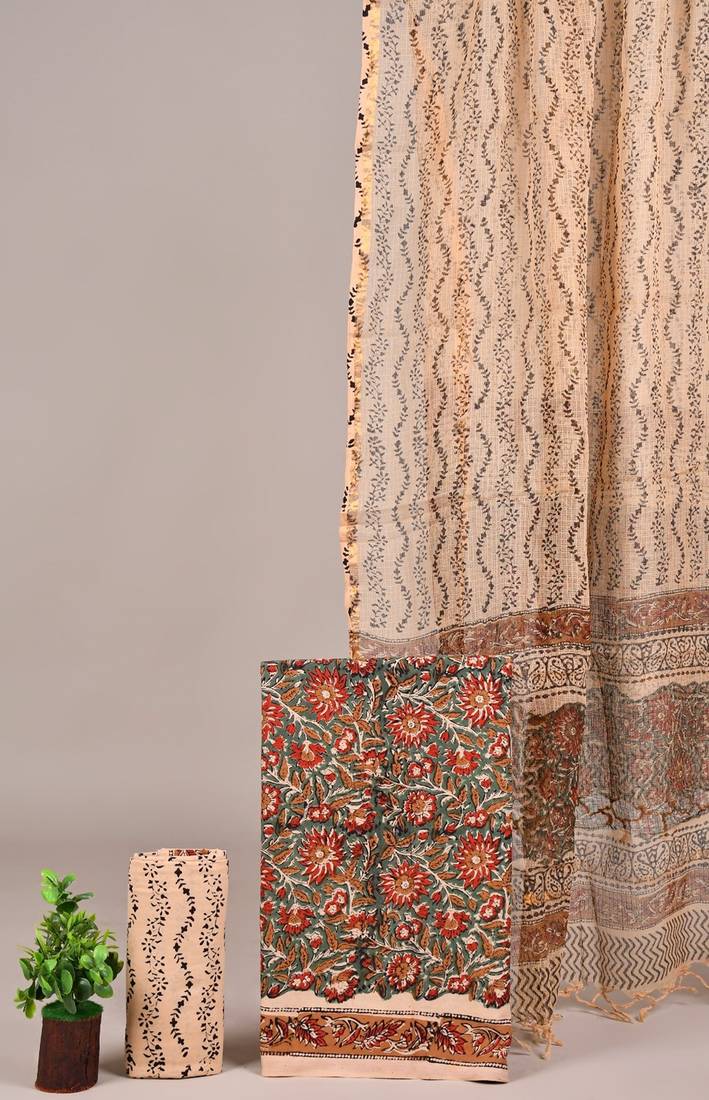 Peach hand block printed cotton suit with kota doriya dupatta