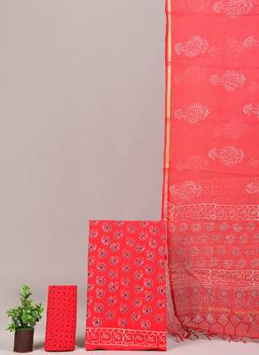 Red hand block printed cotton suit with kota doriya dupatta 1