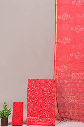 Red hand block printed cotton suit with kota doriya dupatta