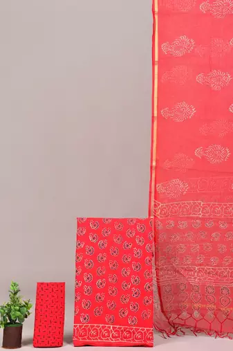 Red hand block printed cotton suit with kota doriya dupatta