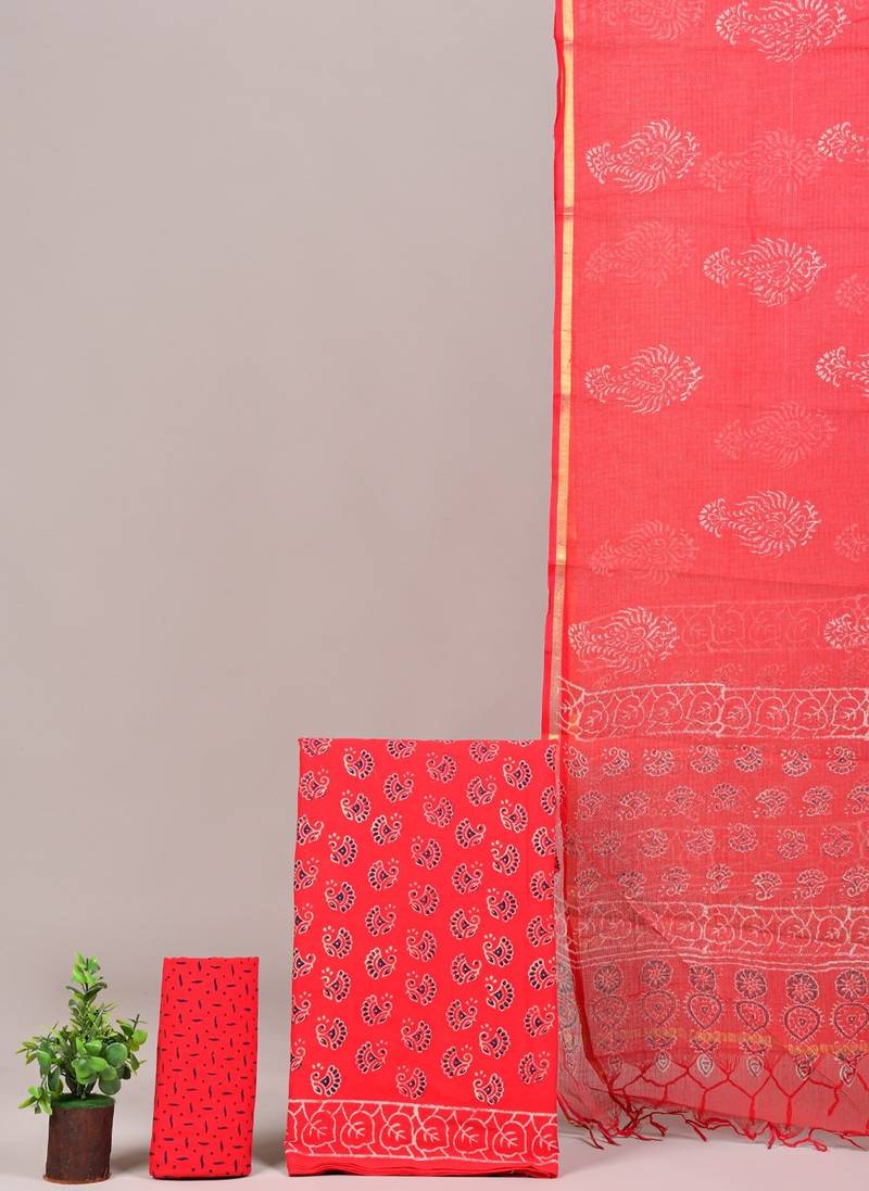 Red hand block printed cotton suit with kota doriya dupatta