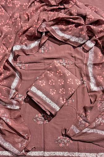 Brown hand block printed cotton suit with kota doriya dupatta