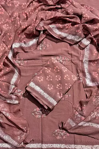 Brown hand block printed cotton suit with kota doriya dupatta