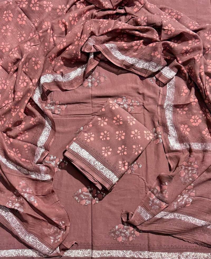 Brown hand block printed cotton suit with kota doriya dupatta