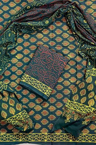 Green hand block printed cotton suit with kota doriya dupatta