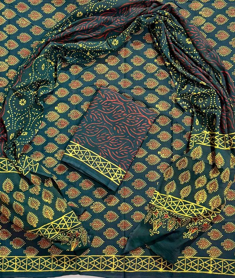 Green hand block printed cotton suit with kota doriya dupatta