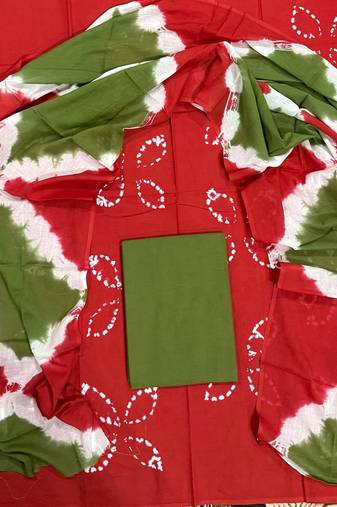 Red hand block printed cotton suit with kota doriya dupatta